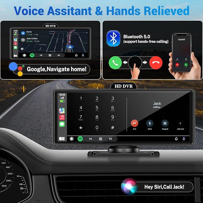 10.26" Wireless Apple Carplay Screen for Car with 4K Dash Cam | Apple Carplay & Android Auto, Touchscren with 1080p Backup Camera, Mirror Link/Voice Control/Music Play/GPS Navigation - Image 3