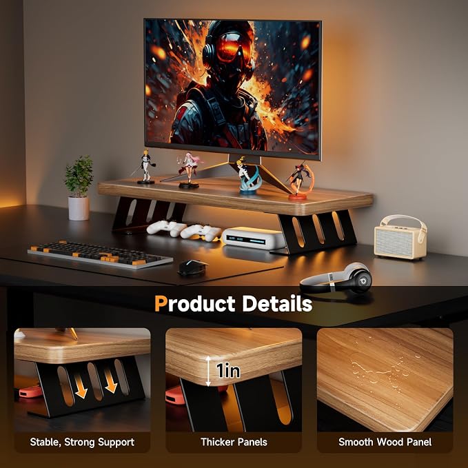Monitor Stand - 24 Inch Wood Monitor Stand Riser, 220 Pounds Load Capacity Desk Monitor Riser for Laptop/PC/Printer, Desktop Stands Organizer for Home Office - Image 3