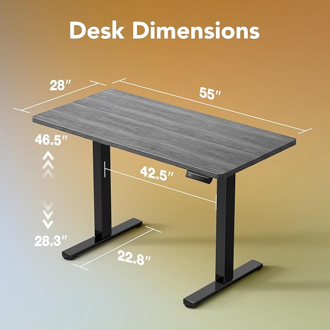 HUANUO Electric Standing Desk,55" x 28" Height Adjustable Desk, 4 Memory Height Settings, Sit to Stand Up Desk for Home Office, with Headphone Hook, Cable Manager, Grey - Image 2