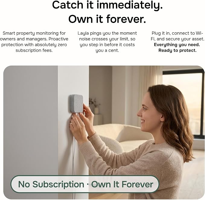Layla Noise Monitor for Airbnb & Vacation Rentals | AI Occupancy & Noise Sensor, Party Detector, Instant Alerts & Quiet Hours | Privacy-Safe | Pay Once, No Subscription - Image 2