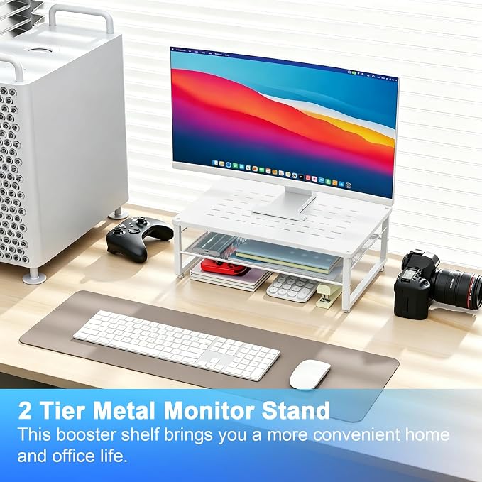 gianotter 2-Tier Metal Monitor Stand Riser, Desk Accessories & Workspace Desk Organizers, Office Desk Storage Organizer for Office Supplies (White) - Image 2