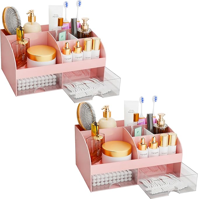 Makeup Organizer with Drawers, Cosmetic Storage for Dresser Vanity and Bathroom Countertop, Beauty Holder for Lipstick Brush, Skincare Organizer for Vanity, Cosmetic Display Case (Pink-2Pack) by COMFYROOM