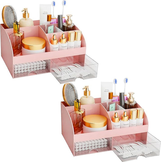 Makeup Organizer with Drawers, Cosmetic Storage for Dresser Vanity and Bathroom Countertop, Beauty Holder for Lipstick Brush, Skincare Organizer for Vanity, Cosmetic Display Case (Pink-2Pack) by COMFYROOM