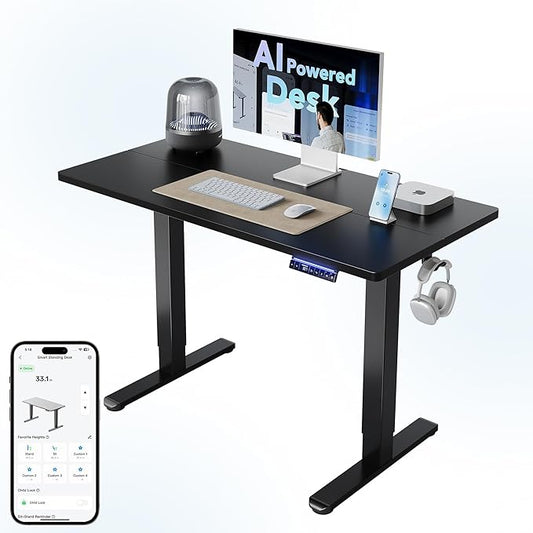 HUANUO 48" AI Smart Standing Desk with App-Synced Sedentary Reminders, Electric Height Adjustable Desk with Body-Data Ergonomic Presets, Voice Control Alexa/Google/Siri, 3 Memory Settings Table, Black by HUANUO