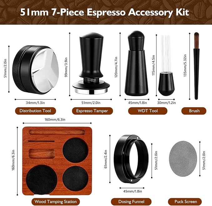 Espresso Accessories Kit 51mm, 7-Pcs Espresso Coffee Tamper Tool Set with Wooden Tamping Station, WDT Tool, Coffee Distributor, Dosing Funnel, Brush & Puck Screen for Home Barista - Image 2