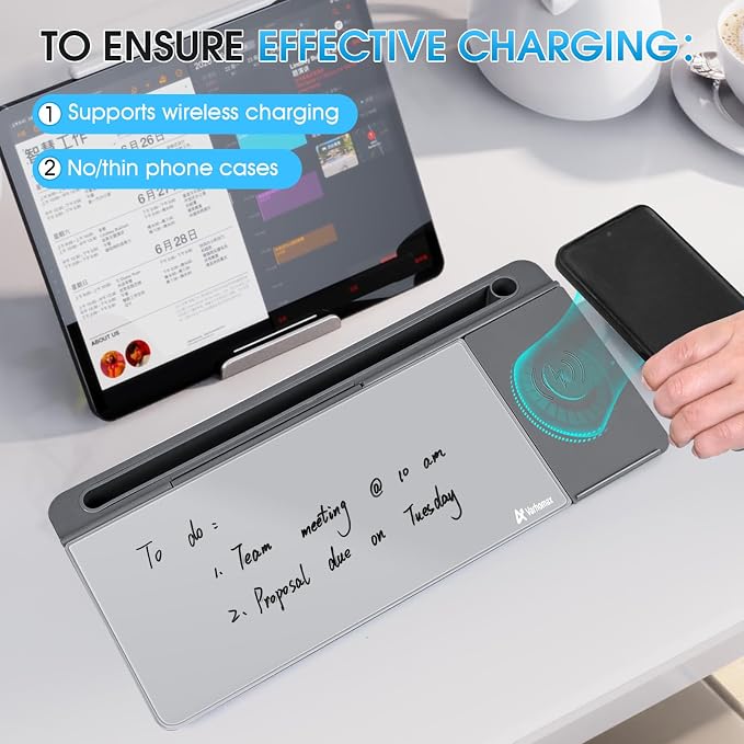 Varhomax Glass Desk Whiteboard with Wireless Charger, Desktop Dry Erase White Board with Storage, to Do List Memo Notepad for Home and Office (Gray) - Image 3