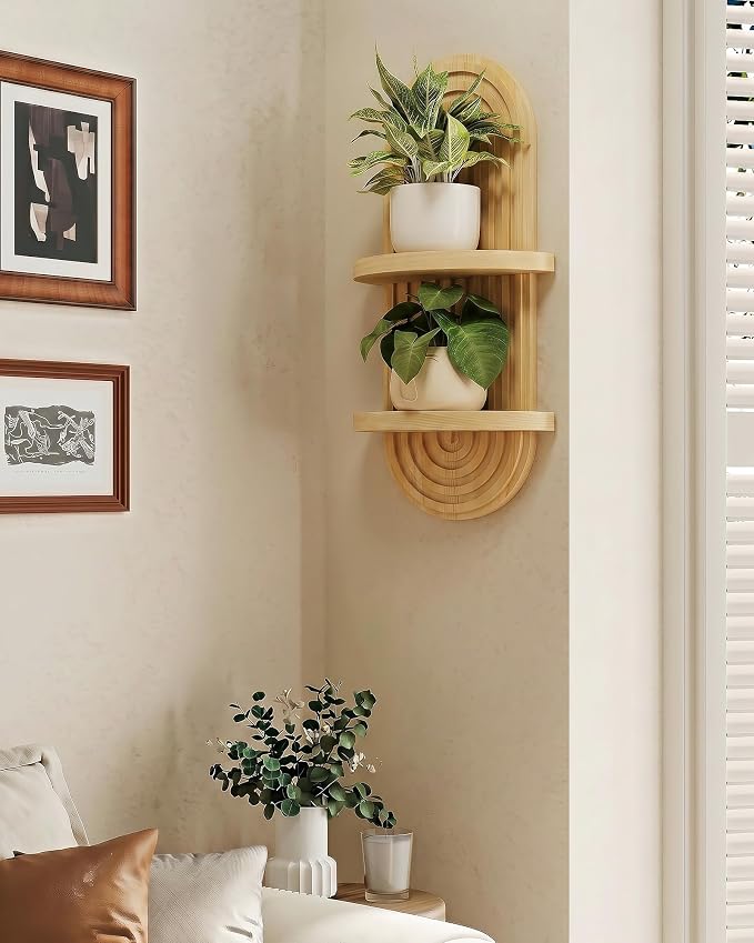 Bamworld Boho Wall Decor Plant Wall Shelf Mid Century Modern Decor Hanging 22in Plant Shelf 2-Tier Wooden Floating Shelves Natural - Image 5