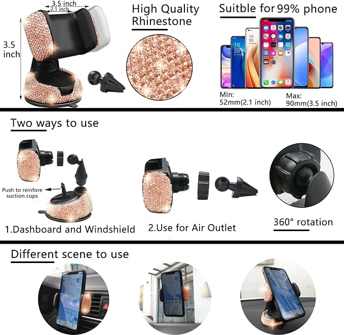 NBTEPEM 27 PCs Gold Champagne Bling Car Accessories Set for Women, Steering Wheel Covers Universal Fit 15 Inch, Bling License Plate Frame, Bling Phone Holder, Bling Car Coasters - Image 5