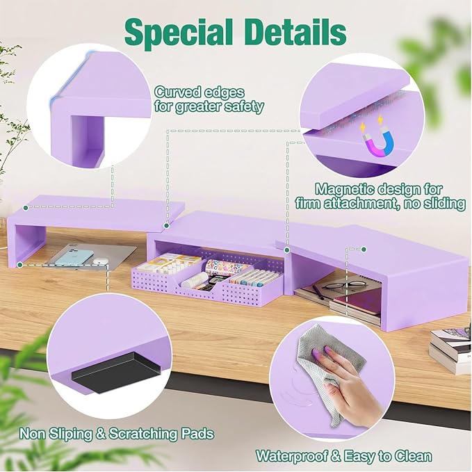 OPNICE Dual Computer Monitor Stand Riser with Drawer, Workspace Desk Organizer, Office Supplies Desk Accessories for Women, Purple - Image 6