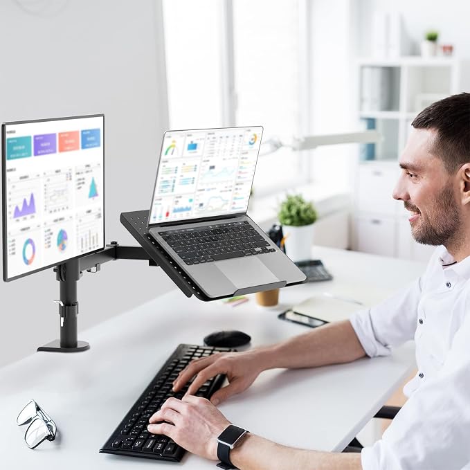WALI Dual Arm Laptop and Monitor Desk Mount for 17" Notebook and Up to 27" Screen, Fully Adjustable Monitor Arm with Laptop Tray, VESA 75x75 100x100, Holds up to 22 lbs, Black (M001LP) - Image 9