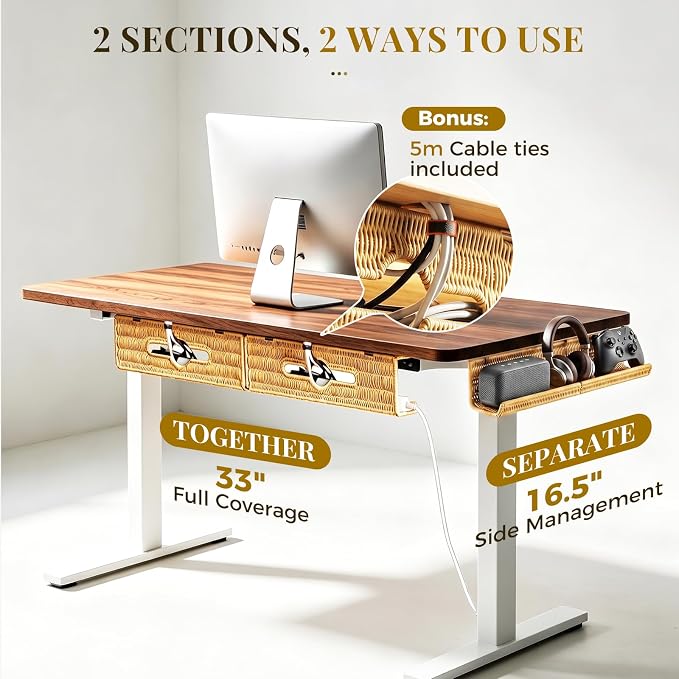 Handmade Rattan Under Desk Cable Management Tray 2 Pack, Natural | Easy Install with Adhesive or Screws, 33"Cord Organizer with 5M Cable Ties for Office Home, Effortless Wire Management - Image 7