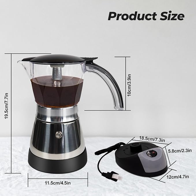 Electric Plastic Clear Moka Pot 3-6 Cup 150-300ml Mocha Pot | Stainless Steel Espresso Maker with Detachable Base Ideal Coffee Maker for Home Italian and Cuban Café Coffeemaker Black - Image 2