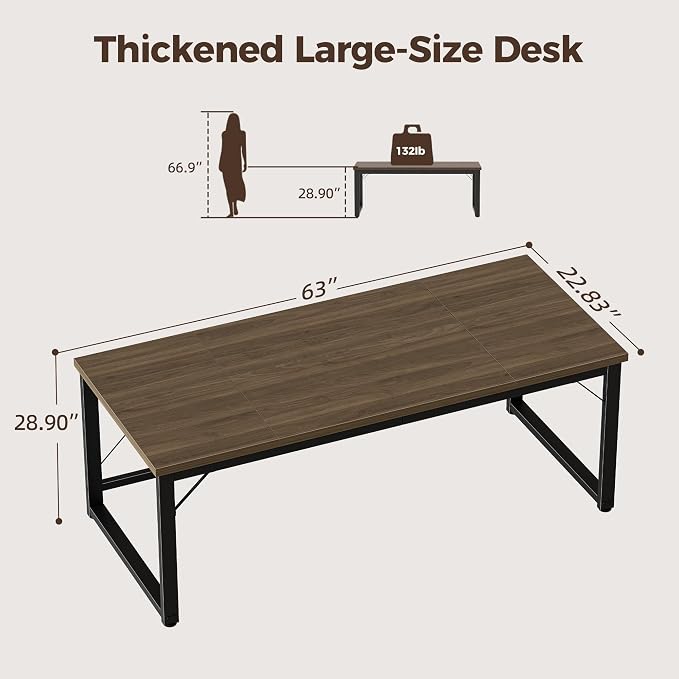 Mericonia 63 Inch Computer Desk, 1" Thick Large Office Table, Walnut | Modern Simple Style, Heavy Duty Industrial Frame, Large Study & Writing Table for Home Bedroom Work - Image 2