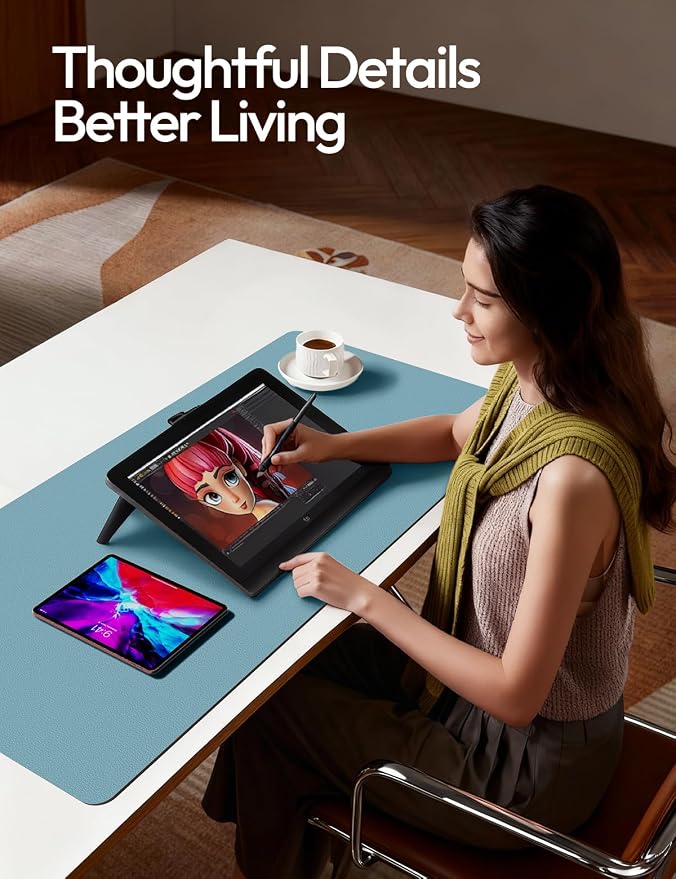 YSAGi Leather Desk Protector, Office Mat, Large Mouse Mat, Non-Slip PU Leather Blotter, Laptop Desk Mat, Waterproof Writing Pad for Office and Home(Aquamarine, 55" x 24") - Image 4