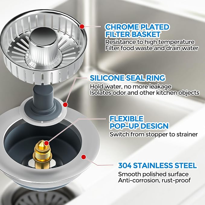 zaa 3 in 1 Kitchen Sink Drain Strainer Stopper Removable Basket Pop-Up | Kitchen Sink Accessories 2 Pack Brushed Silver Stainless - Food Catcher, Odor-Blocking Seal, Fits 3.5" Drain - Image 6