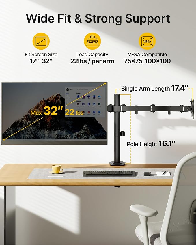 monTEK Heavy-Duty Dual Monitor Stand for 17-32", 22 lbs Each | Adjustable dual monitor mount, full-motion arms, clamp/grommet bases, cable management and VESA 75/100 - Image 3