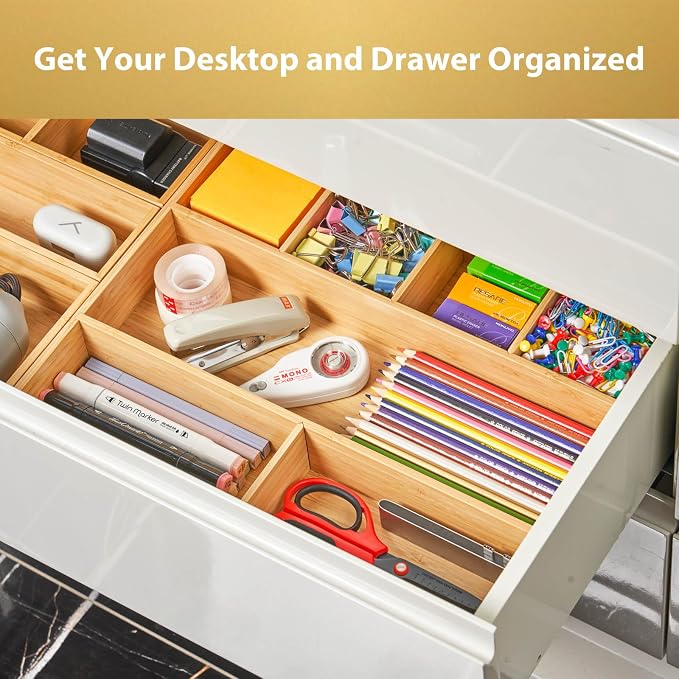 Umilife Large Bamboo Desk Drawer Organizer, Wood Office Junk Tray, 15"x12" | 2.4" Tall for Deep Drawer - Adjustable slots - Anti Slip Silicone Pads - Versatile Storage Box in Kitchen, Pantry - Image 3