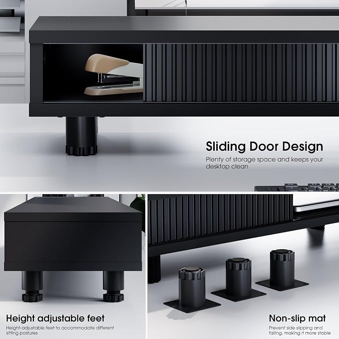 Fenge Dual Monitor Stand, 42.5inch Long Monitor Stands Riser for 2 Monitors, Glass Sliding Door with Storage Organizer Stand for Desk, 2 Tier Desk Shelf for Laptop, Pc, Printer, Computer, TV - Image 2