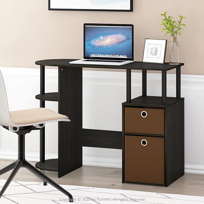 Furinno JAYA Desk, 38.4" Wide Gaming Desk with Bin Drawers, Computer Desk with Side Shelf, Office Desk for Study, Home Office, Bedroom, Dorm, Study Room, Espresso - Image 2