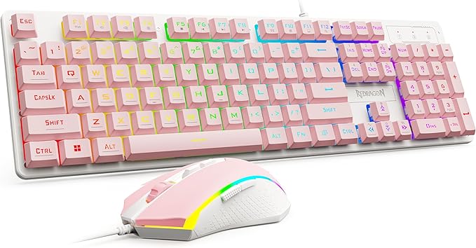 Redragon Updated S107WP Gaming Keyboard and Mouse, RGB Gaming Keyboard and 10000 DPI Mouse Combo with 25-Key Anti-Ghosting, 1K Hz Programmable Mice with Software, Plug & Play to PC, Laptop - Pink by REDRAGON