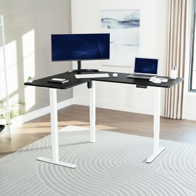 VIVO Black 63 x 47 in Corner Standing Desk, DESK-E3CTWB-47 | Electric, Reversible L-Shaped Table, Sit Stand, Height Adjustable, Memory Controller, Office Furniture Sets, White Frame - Image 2