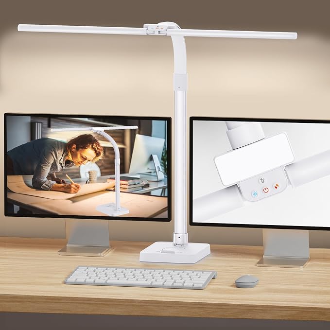 GAEFURY LED Desk Lamp for Home Office, 24W Bright Desk Lamp with Phone Holder Base - 25 Lighting Modes Eye-Caring Desk Light Adjustable Gooseneck Lamp for Workbench Drafting Reading Study-White by GAEFURY