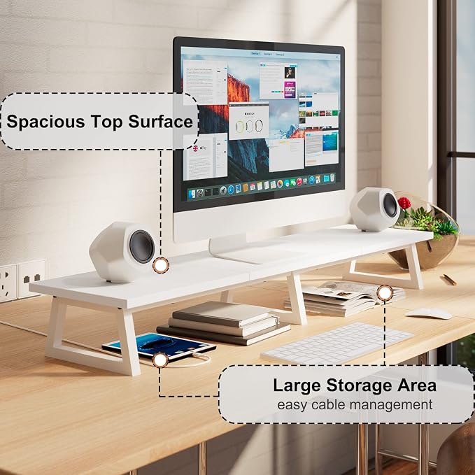 TEAMIX White Dual Monitor Riser for 2 Monitors-42inch, Wood Desktop Dual Stand with Metal Legs, Long Screen/PC/Laptop Storage,Computer Shelf TV Holder Home Office - Image 2