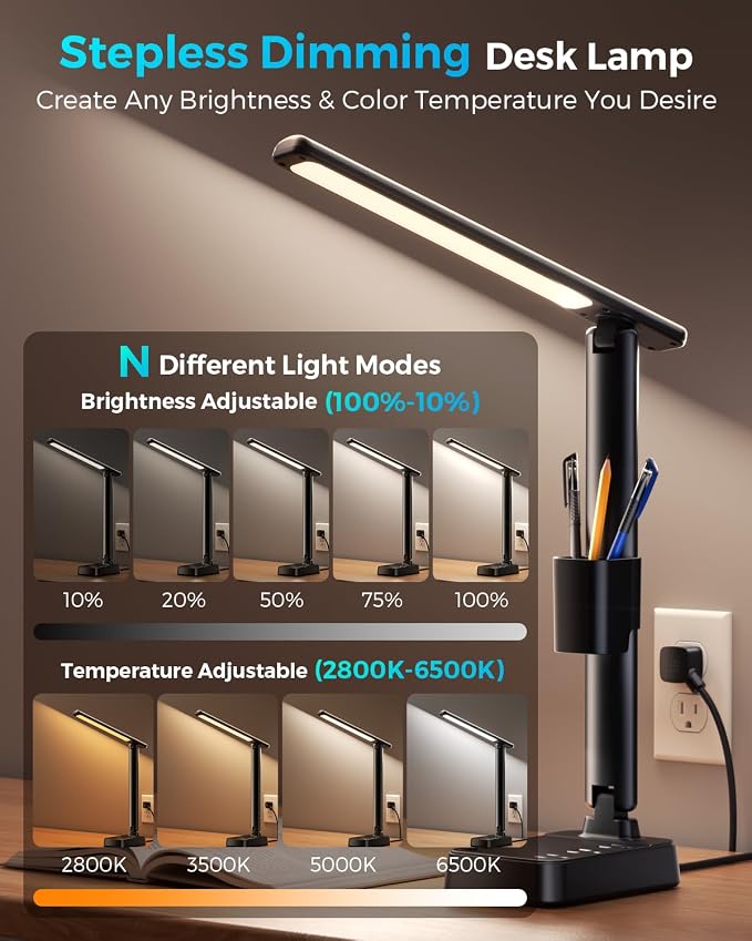 LED Desk Lamp with Power Strip, 3 AC Outlets & 4 USB Ports (2 USB-C), Stepless Dimming & 2800K-6500K Eye-Caring Desk Light, Foldable Table Lamp for Home Office, Dorm Room Essentials(10FT) - Image 2