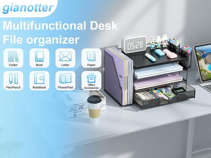 gianotter Wood Desk Organizers and Accessories with File Holder, 4-Tier Desk Accessories & Workspace Organizers with Drawer and 2 Pen Holder, Desk Reference Organizer (Black, 4T with Metal Drawer) - Image 3