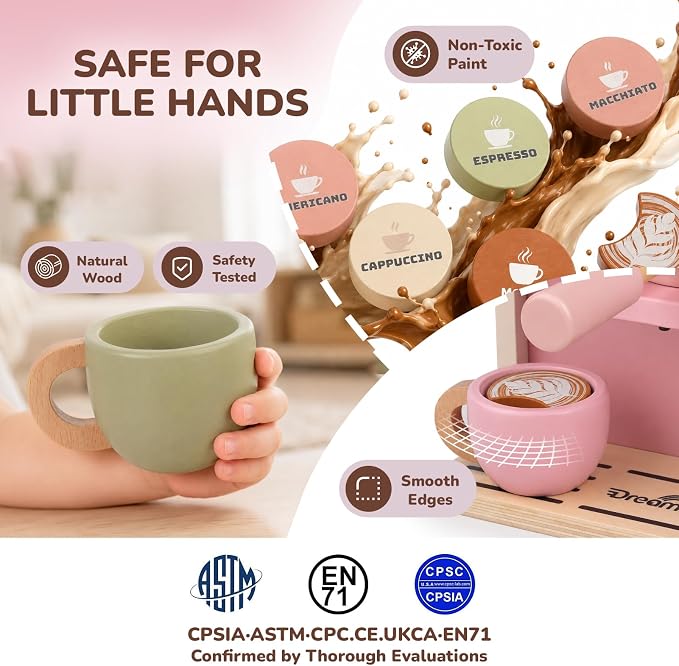 Dreamon Toy Coffee Maker Wooden Kitchen Accessories for Kids Pretend Play | Realistic Kids Coffee Playset with Moving Parts, Montessori Kitchen Toys for 3 4 5 Year Old Boys & Girls Birthday Gifts, Pink - Image 6