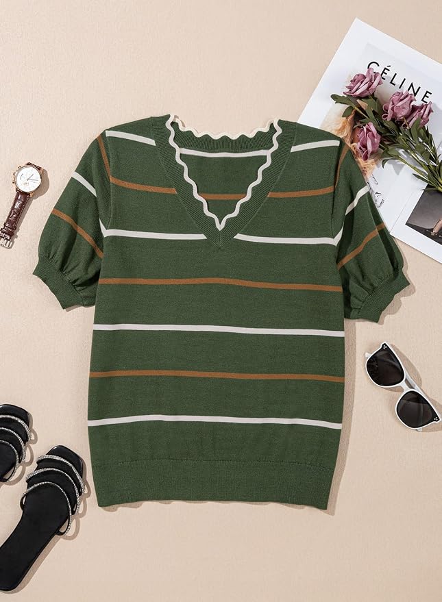 Dokotoo Womens Summer Short Sleeve Knit Tops 2026 Spring Trendy Casual V Neck Striped Sweater Blouses - Image 3