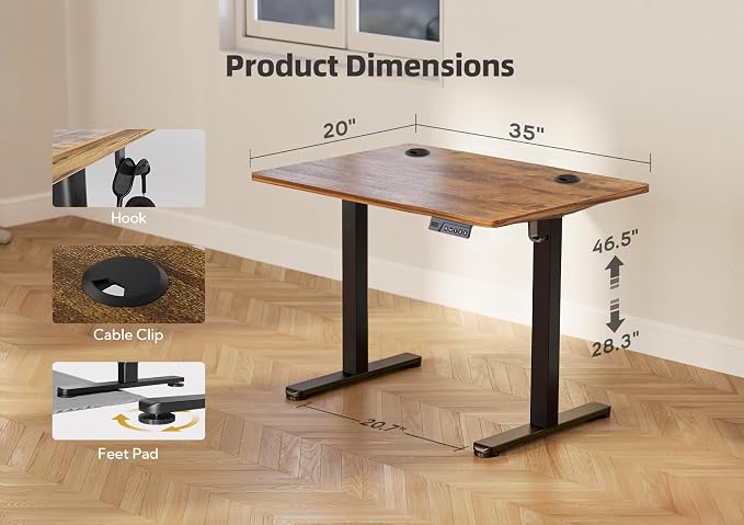 YDN 35 x 20 Inch Rustic Brown Electric Standing Desk | Adjustable Height, Sit Stand, Cable Management, Ergonomic, Home Office - Image 3