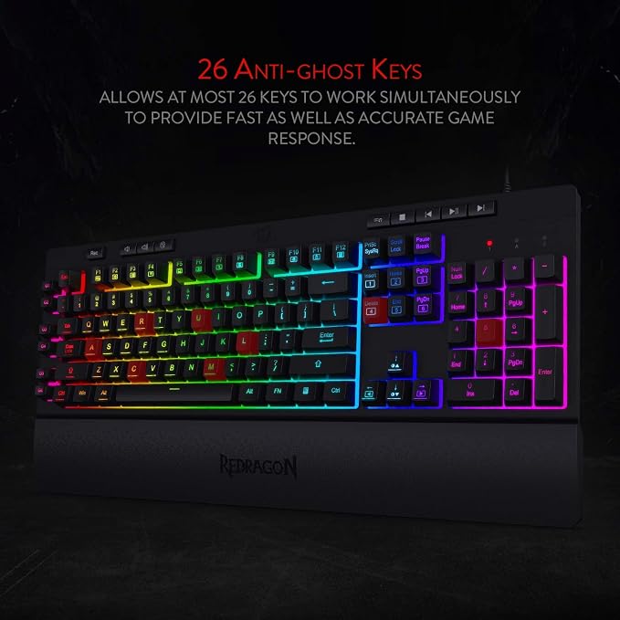 Redragon K512 RGB Membrane Gaming Keyboard, 6 Macro Keys & Easy Media Wheel | Dedicated Scroll Controls, No Software Needed 6 On-the-Fly Combos for Extensive Games, 13 Backlight Modes, Wrist Support - Image 6
