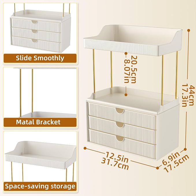StorBin Arcylic 5-Tier Makeup & Skincare Organizer for Vanity, Bath | Smooth 3 drawers, clear body, gold frame, non-slip, for perfumes, serums, face masks, palettes, vanity & bath counter,white - Image 2