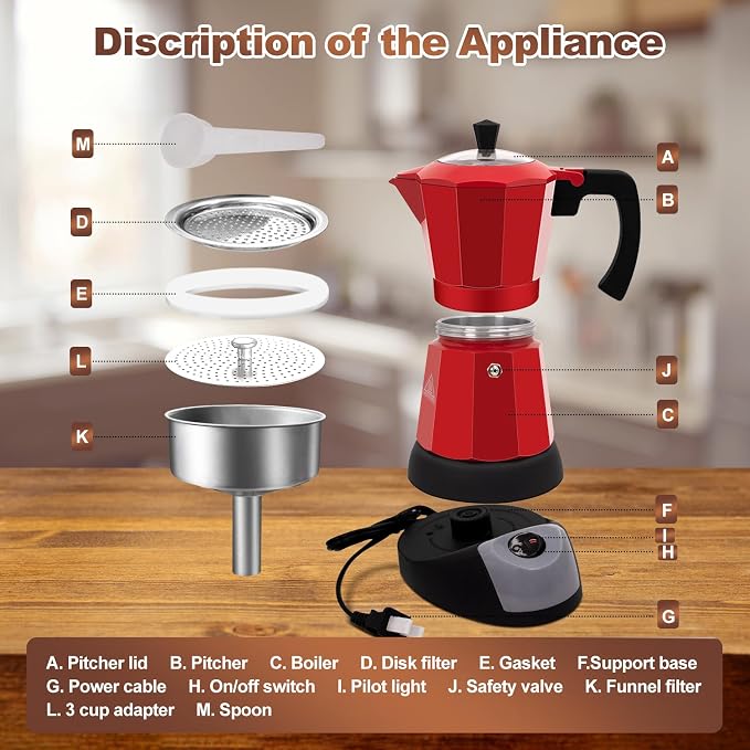 Electric Aluminum Moka Pot 3-6 Cup 150-270ml Espresso Maker | with Detachable Base Ideal Coffee Makers for Home MochaPot Italian and Cuban Café Coffeemaker Espressomaker CoffeePot Red - Image 3