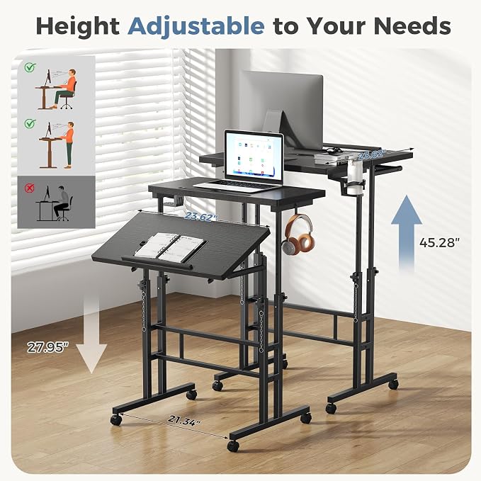 DUMOS Rolling Standing Desk, Sit Stand Desk, Computer Cart | 23.6 Inch Width, Height Adjustable, Split Top, Mobile Laptop Workstation, Office Table, Portable Design, Black - Image 7