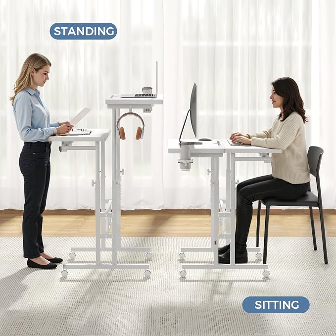 DUMOS Rolling Standing Desk, Sit Stand Desk, Computer Cart | Manual Height Adjustable, Split Top Mobile, Laptop Workstation, Portable Home Office, Walking Pad Study Surface, Modern White - Image 6
