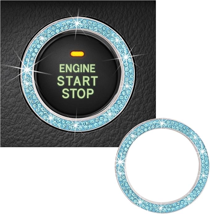 Kewucn Bling Crystal Double Rhinestone Car Engine Start Decoration Ring, Sparkling Push Start Button Sticker, Key Ignition & Knob Ring Decoration, Bling Car Interior Accessory (Lake Blue) by Kewucn