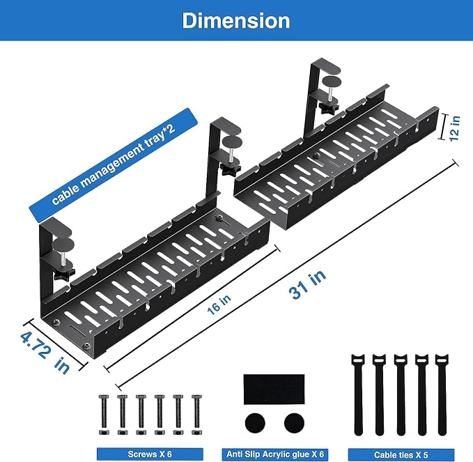 No Drilling Extendable Under Desk Cable Management, Metal Cable Management Tray Under Desk with Clamp, Retractable Power Strip Cord Holder for Wire Management 31Inch (2 Pack Extendable 31') - Image 4