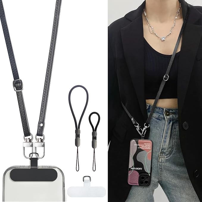 Crossbody Phone Strap with 2 Pads, Leather & Adjustable Finger Strap - Compatible with Most Smartphones (Black) by BFSD%C2%B7DMHealthyLifestyle