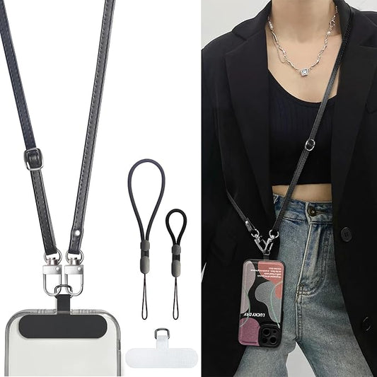 Crossbody Phone Strap with 2 Pads, Leather & Adjustable Finger Strap - Compatible with Most Smartphones (Black) by BFSD%C2%B7DMHealthyLifestyle