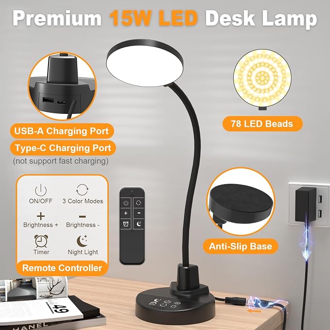 15W LED Desk Lamp with USB Charging Ports, [Button & Remote Control] Dimmable Table Lamp with 3 Color Modes, 5 Brightness Levels, 4 Timers, Flexible Reading Light for Home Office, Bedroom, Kids Study - Image 9