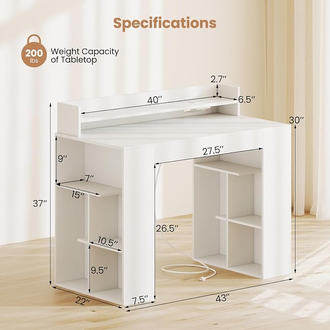 Giantex White Desk with Storage Shelves, 43" Home Office Computer Desk with Charging Station, Dual 3 Tier Bookshelf & Monitor Stand, PC Table Workstation, Modern Study Writing Desk for Bedroom, Dorm - Image 3