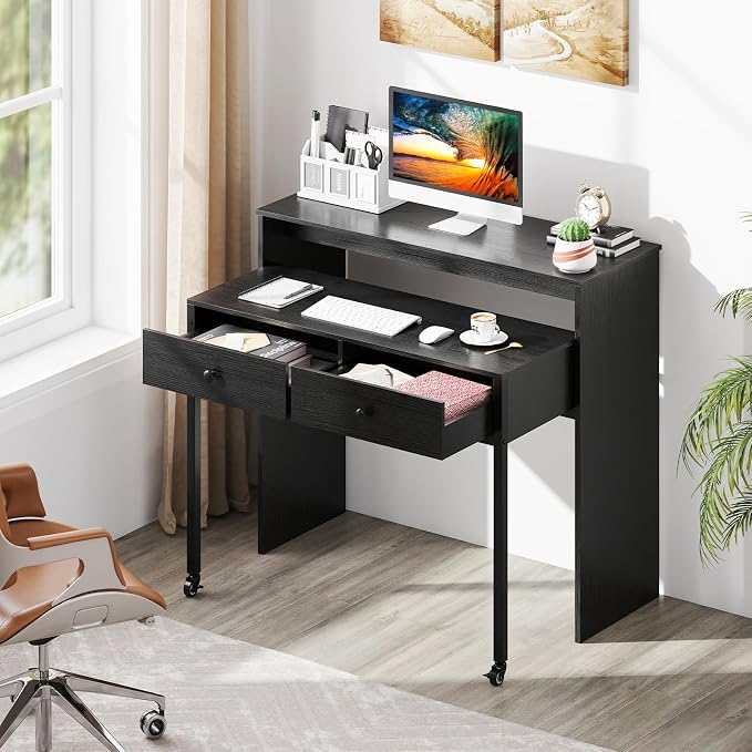 Giantex Small Computer Desk with Hutch & Drawers, Extendable Writing Desk w/Pull Out Secondary Table, Monitor Stand & Rolling Wheels, Console Table, Compact Desk for Small Spaces, Home Office (Black) - Image 4