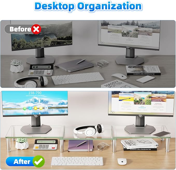 Simple Trending Glass Dual Monitor Stand, Adjustable Length/Height, Clear | 41.5"L x 9.5"W x 5"H, height 3.5"-5", length 28.37"-41.5". Hold 260 lbs. Stainless steel feet. Tempered glass. Easy assembly - Image 8