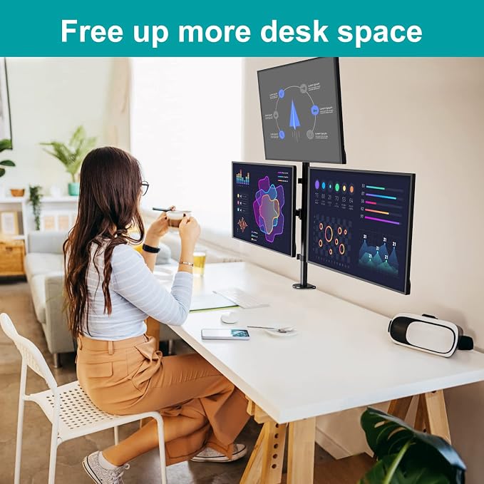 MOUNT PRO Triple Monitor Mount, Monitor Desk Mount for 3 Screens up to 32 inch, 17.6 lbs Each, Fully Adjustable Stacked Computer Stand, Table VESA Mounting, C clamp/Grommet Base - Image 5