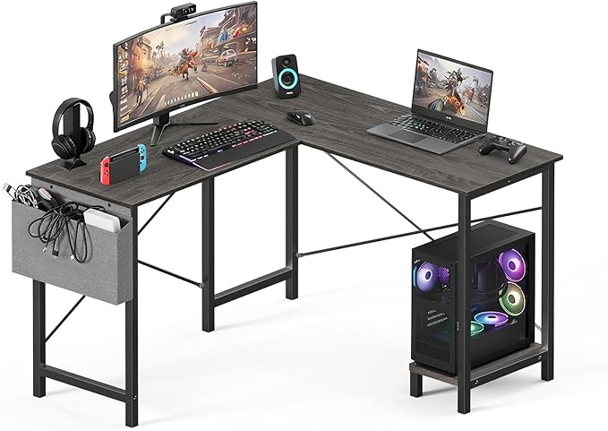 OLIXIS L Shaped Desk, Gaming Desk, Corner Table 50 Inch | Side Bag, Reversible Shelf, Home Work Study Writing, PC Workstation, Easy Assembly, Grey by OLIXIS
