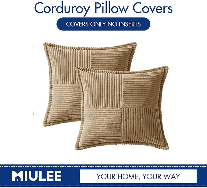 MIULEE Decorative Throw Pillow Covers for Couch Bed Livingroom 16x16 Inch Set of 2 Khaki Boho Accent Throw Pllows Broadside Striped Patchwork Soft Corduroy Pillowcases - Image 6