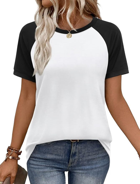 WIHOLL Womens Summer Tops Color Block Short Sleeve Raglan Shirts Spring Fashion Clothes Vacation Outfits by WIHOLL