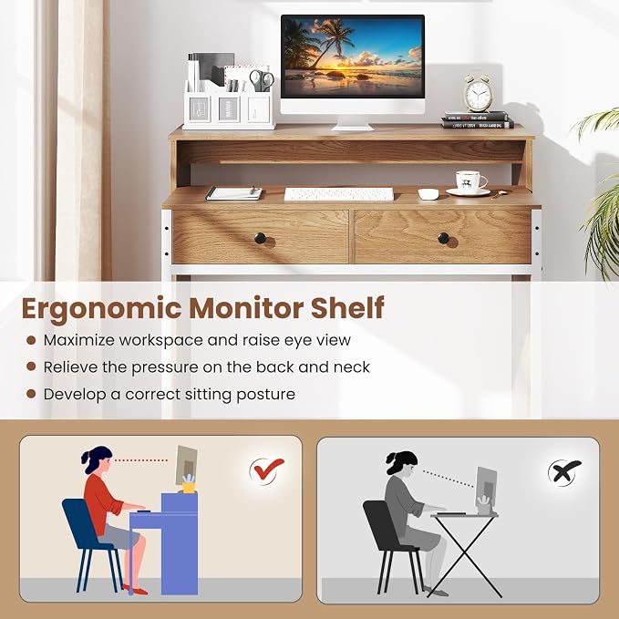 Giantex Small Computer Desk with Hutch & Drawers, Extendable Writing Desk w/Pull Out Secondary Table, Monitor Stand & Rolling Wheels, Console Table, Compact Desk for Small Spaces (Natural) - Image 7